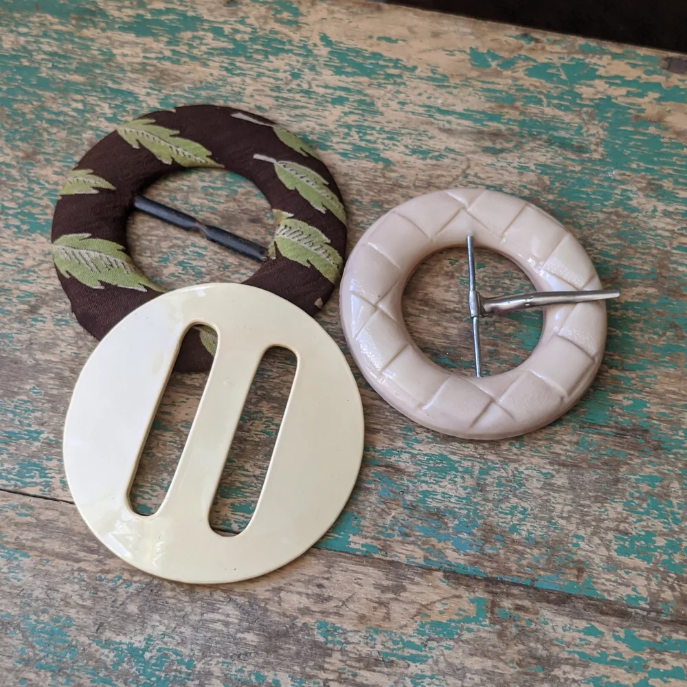 Lot of 3 Round Vintage Buckles - Cream Celluloid & Metal with Fabric